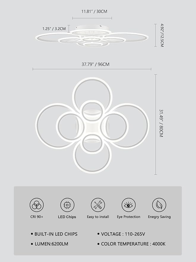 Modern LED Ceiling Light, White 8 Rings Flush Mount Ceiling Light, 4000K Lighting Fixture Ceiling Lamp for Kitchen, Bedroom, Living Room, Dining Room