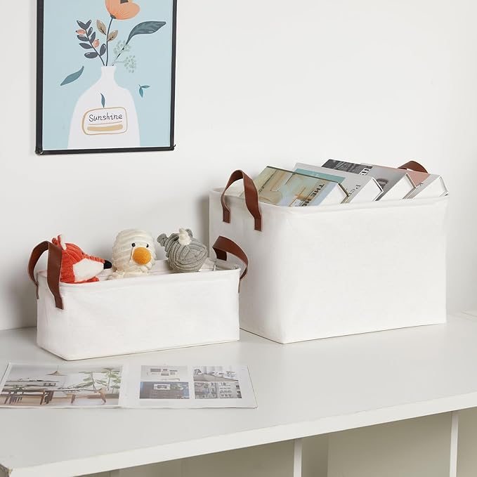 DULLEMELO Small Storage Bins, Fabric Storage Bins Closet Baskets for Organizing with PU Handles, Rectangle Closet Storage Bin with Metal Frame, Natural Color, 2-Pack