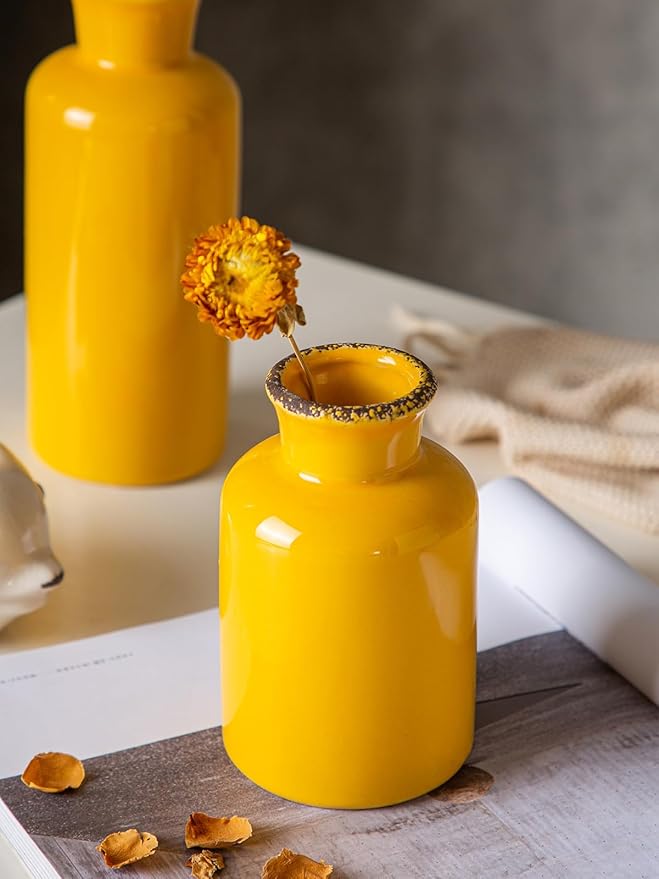 CwlwGO- Yellow Ceramic Vase Set,Modern Decorative Vases for Home Decor, Kitchen&Living Room Table Décor,Fireplace & Entrance centerpieces Decorations.