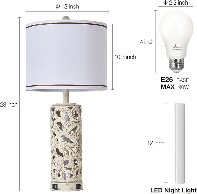 AIDENOEY Set of 2 Table Lamps with Night Light, 28" Farmhouse Table Lamp with USB A+C Ports,White Ceramic Bedside Lamp with Fabric Shade for Living Room,Bedroom,Home,Office(2 Bulbs Included)