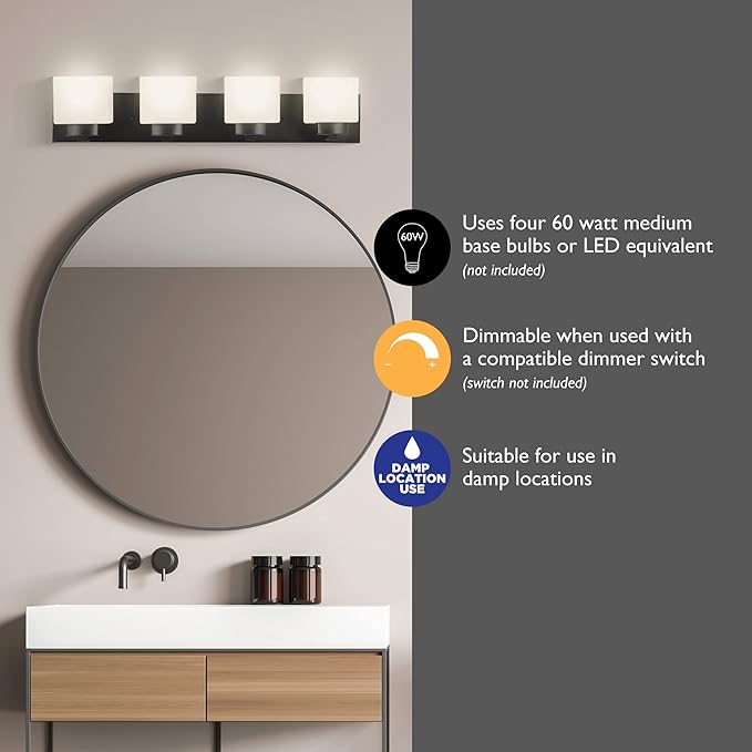 Design House 588426 Dove Creek Vanity Light Dimmable with Frosted Glass for Above Bathroom Mirror, Matte Black, 4-Light