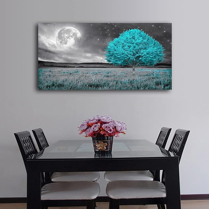 Tree of Life Wall Art Picture Canvas Prints Room Wall Décor Blue Tree with Full Moon Paintings for Living Room Bathroom Bedroom Home Kitchen Decorations Natural Artwork Wooden Framed 20x40inches