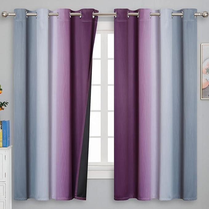 Ombre Purple and Gray Blackout Curtains 63 Inch Length 2 panels, Full Room Darkening Grommet Thermal Insulated Gradient Drapes for Girls Room, Full Light Blocking Curtains for Bedroom, 52x63 Inch