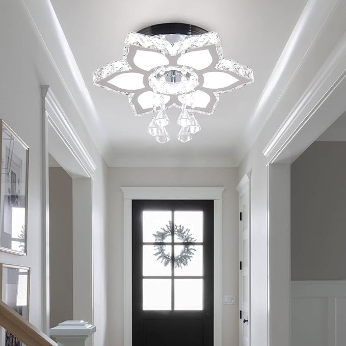 FRIXCHUR Crystal Chandelier Modern LED Flower Shape Chandeliers Ceiling Light Fixture Flush Mount Ceiling Lamp for Bedroom Living Room Dining Room Foyer(Cool White),13.4"