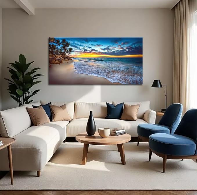 Large Sunset Beach Canvas Wall Art for Living Room Coastal Painting Wall Decor Seascape Picture Nature Ocean Artwork Poster Print for Kitchen Bedroom Decoration 20"x40"