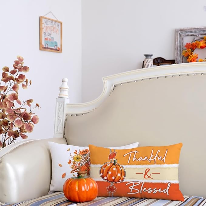 GEEORY Fall Throw Pillow Covers 12x20 Inch Set of 4, Pumpkins Floral Mason Jars Happy Fall Y'all Thankful & Blessed Orange Autumn Seasonal Decorative Farmhouse Decoration for Home G552-12
