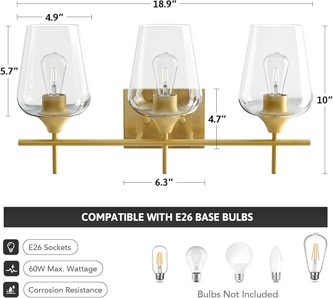 VONLUCE Bathroom Vanity Light, 3 Light Bathroom Light Fixture Over Mirror, Bathroom Wall Lamp with Clear Glass, Modern Gold Vanity Lighting fixtures for Bathroom, Bedroom, Hallway