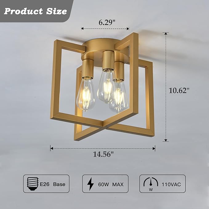 ZGLAOJT 3-Lights Ceiling Light Fixture,Modern Gold Semi Flush Mount Chandelier,Matte Ceiling Lighting for Kitchen Living Room Bedroom Farmhouse Hallway Foyer.