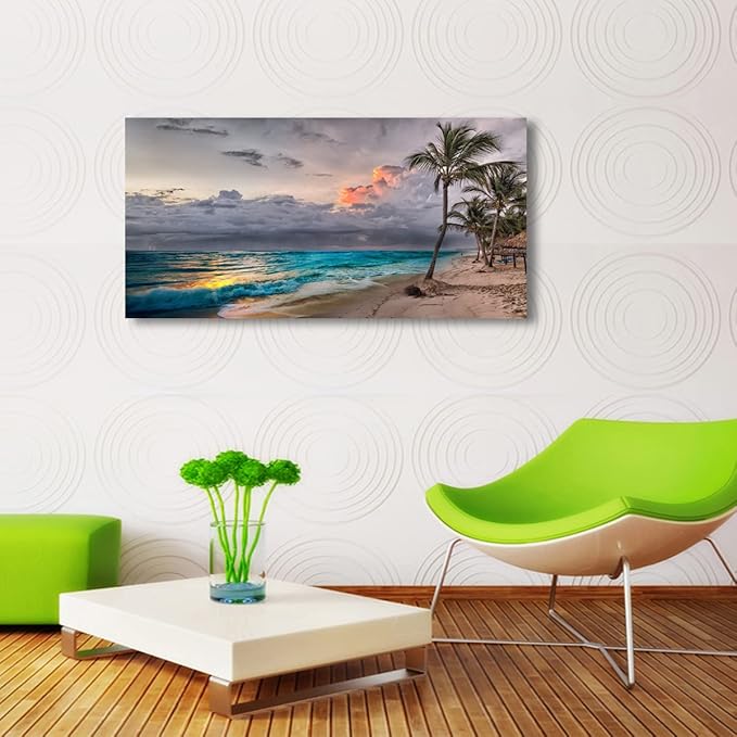 Beach Themed Wall Art Canvas Prints Seascape Poster Bathroom Décor Ocean Coconut Tree Landscape Paintings for Bedroom Dining Room Home Kitchen Decorations Natural Artwork 24x48 Picture Frame Wood