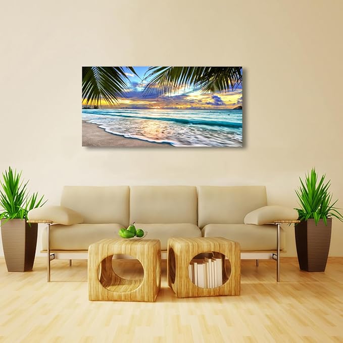 Beach Pictures Canvas Wall Art for Living room Bedroom Wall Decor,Sunset and Beautiful clouds Wall Art Print Paitnings for home Decor,Morden Artwork Waves Canvas Art Waterproof Stretched Ready to