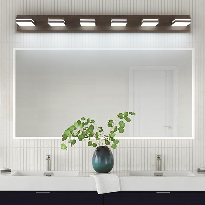 SineRise LED Modern Bathroom Vanity Light Fixtures (6-Light, 48-Inch, Dimmable), Brown Wood Painted Modern Acrylic Bathroom Wall Lighting Fixtures Over Mirror (Cool White 6000K)