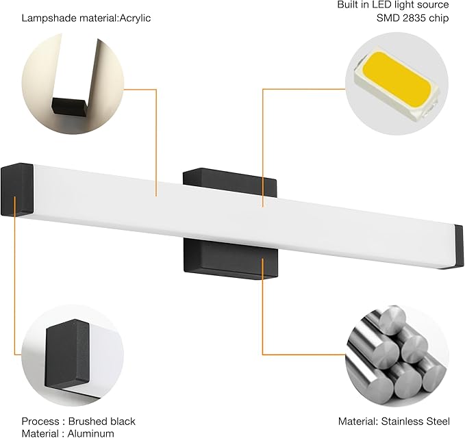 Bathroom Vanity Light Brushed Nickel Square LED 24 inch 14W 4000K Natural White Light Wall Bar Lighting Fixtures Over Mirror (Matte Black, 24 inch 5CCTDimmable)