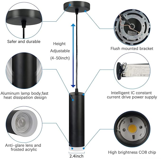 OKELI Pendant Lights Kitchen Island, Modern Unique Adjustable Focus Pendant Lighting for Kitchen Island Dining Room, Bedroom,Bar, Black LED Mini Spot Pendant Lights with 20W,4000K, ETL5026458(1Pack)