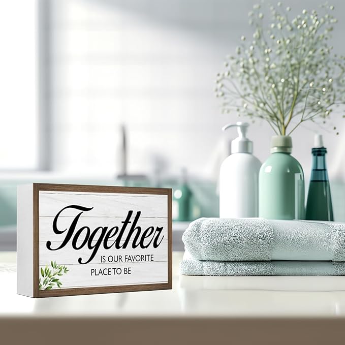 Together is Our Favorite Place Wooden Box Sign Desk Decor,Family Quotes Wooden Block Plaque Sign for Home Farmhouse Living Room Bedroom Shelf Table Wall Decor