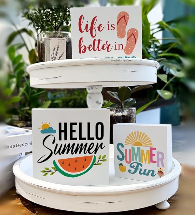 Summer Decor for Home Hello Summer Tiered Tray Decor 3 Pcs Wood Decorative Signs Table Desk Shelf Decoration