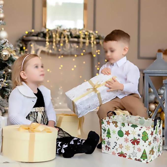 CLOCOR Rectangular Christmas Basket,Cute Pattern Christmas Gifts Basket Empty,Waterproof Christmas Storage Box with Handles,Kids Room Decor(Gift Basket)