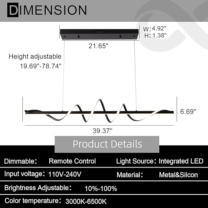 Modern Island Lights for Kitchen, Black Modern Chandelier for Dining Room Over Table, Dimmable Led Pendant Lights Kitchen Island Lighting,39.73" Creative Snake-Shaped Twist Design