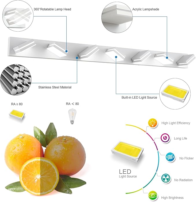 SineRise LED Modern Bathroom Vanity Light Fixtures (7-Light, 55-Inch), Matte White Modern Acrylic Bathroom Wall Lighting Fixtures Over Mirror (Cool White 6000K)