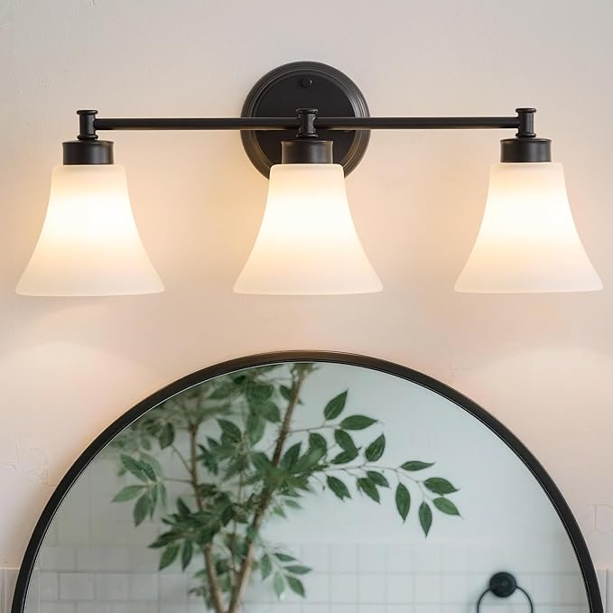 LOUSACE 3 Light Bathroom Vanity Light Matte Black Bathroom Lighting Fixtures Over Mirror with Opal White Frosted Glass, Vintage Traditional Wall Lighting Fixture Vanity Sconces Light for Bedroom