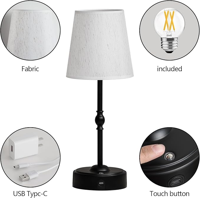Cordless Rechargeable LED Table Lamp with Dimmer,Black Portables Desk Lamp,Small Bedside Lamp,Battery Operated Lamp for Patio Balcony Corner Camping Bar RV