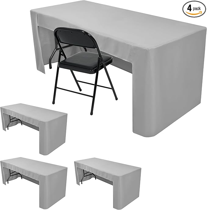 HolidayIdeas Open Back Fitted Tableclothss for 8 Foot Rectangle Table, Wrinkle Resistant Washable Table Covers 96x30 Inch for Craft Fairs, Banquets, Trade Show Display, Siver Grey,4 Pcs