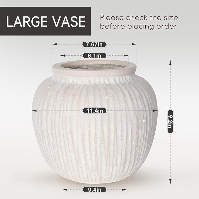 Oakrain Large Rustic Minimalist Vase, 11" Distressed Round Floor Vase for Home Decor, Farmhouse Decorative Centerpieces for Living Room Bedroom, Vintage White