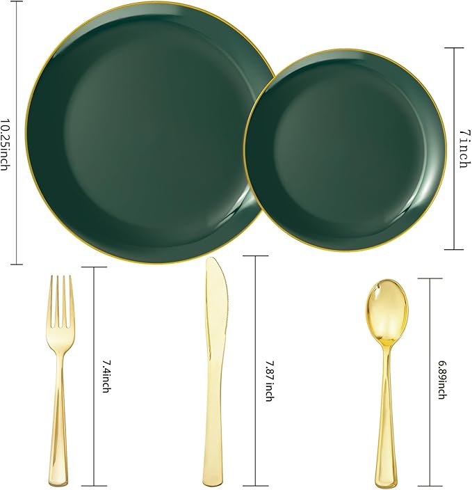 YOUBET 125PCS Green Plastic Plates - Green Disposable Plates With Gold Rim Include 25 Dinner Plate, 25 Dessert Plate, 75 Gold Plastic Cutlery for Party Wedding