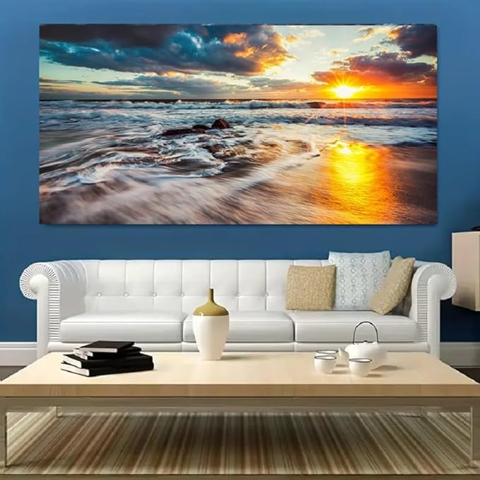 Yxbhhym-Large Ocean Wall Art for Living Room Canvas Beach Painting Sunrise Print Art Sunset Seascape Wall Pictures Yellow Sea Waves Poster Decoration Office Kitchen Wall Dรฉcor Bedroom Accessories