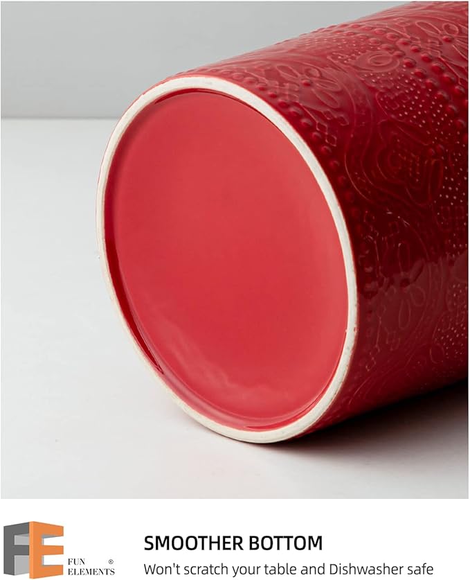 FUN ELEMENTS Kitchen Utensil Holder, 7.2" Super Large Utensil Crock Heavy and Stable Lace Emboss Ceramic Utensil Holder for Kitchen Counter (Christmas Red)
