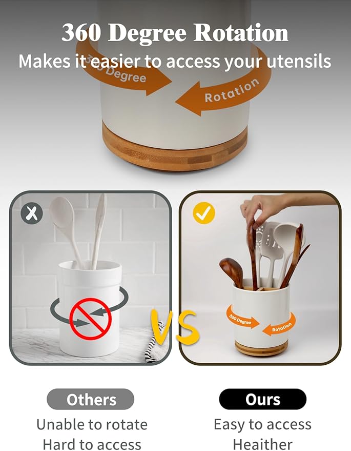 LoeJan 3 Compartment Utensil Holder, Extra Large Utensil Crock, Stable Ceramic Utensil Organizer, Cooking Tool Organizer Set for Kitchen Counter Farmhouse Decor (C-White(Grossy))