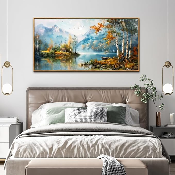 ZUITINGHUA Large Wood Framed Wall Decor For Living Room Canvas Wall Art For Office Modern Wall Decorations For Bedroom Lake View Painting Tree Forest Pictures Artwork Room Home Decor 24x48 In