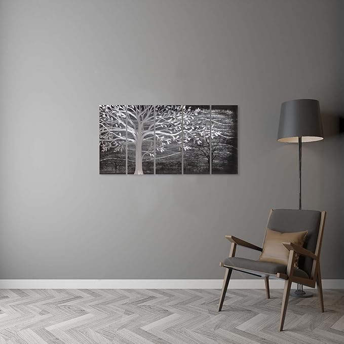 Yihui Arts Metal Tree Wall Decor Hand Grind On Aluminum Modern Abstract Nature Wall Art Contemporary Landscape Pictures for Living Room Bedroom Dinning