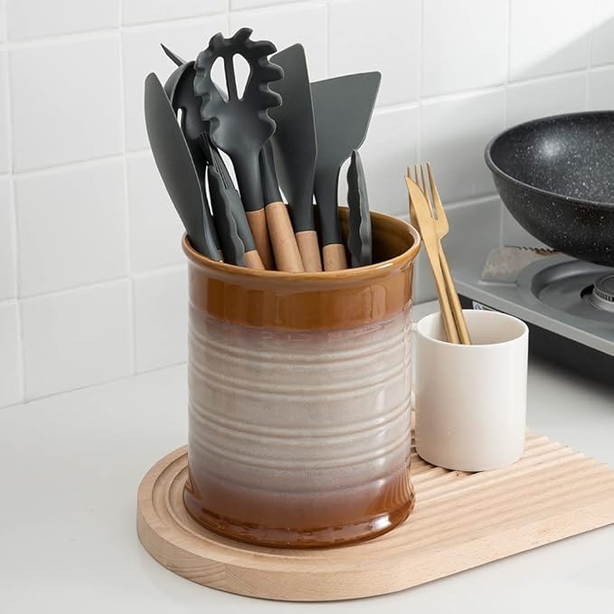 Nihow Kitchen Utensil Holder: 7.2 Inch Extra Large Ceramic Utensil Holder for Countertop - Stable Utensil Crock for Kitchen Counter Decor - Elegant Brown (1PC)