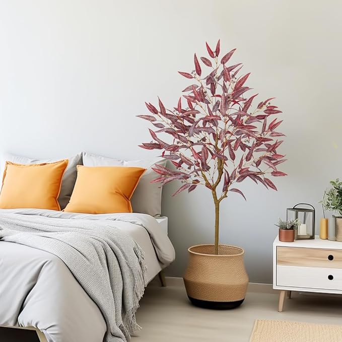 Briful 5ft Artificial Eucalyptus Tree in Black Pot, Realistic Silk Potted Floor Plant Eucalyptus Plant for Home Decor Indoor Outdoor Patio Office, Burgundy Leaf