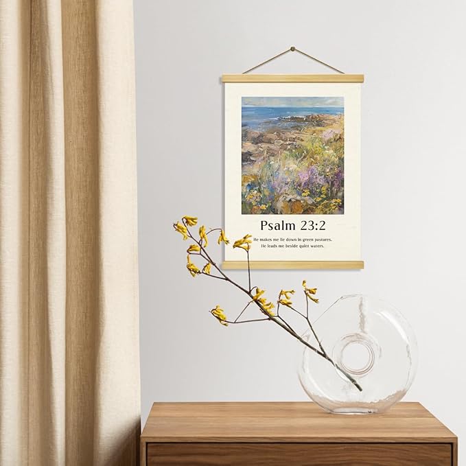 Vintage Christian Canvas Poster, Psalm 23:2 Canvas Poster Wood Hanger, Christians Wall Art, Bible Verse Posters, Modern Canvass Posters Decors, Home Decor Accent, Christian Gift