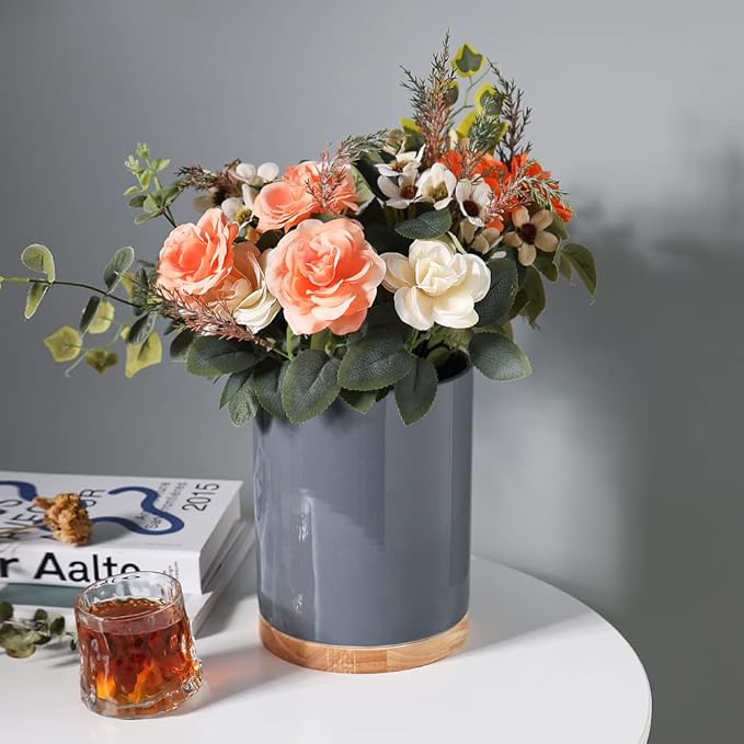 Sweejar Kitchen Utensil Holder with Wooden Bottom, 8.2" Ceramic Utensil Crock to Hold Spatulas for Cooking Countertop, Housewarming, Wedding, Birthday Gift (Gray)