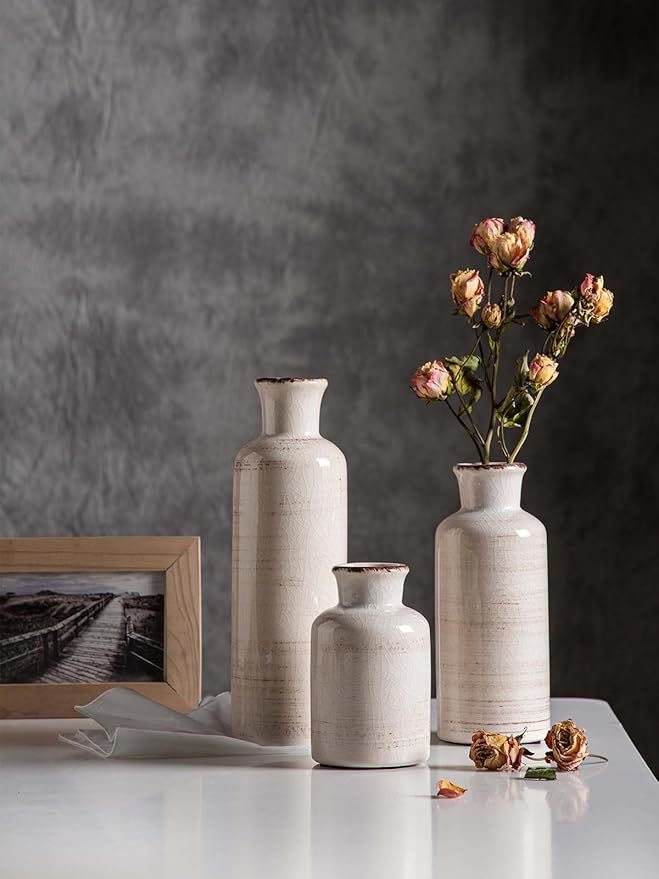 CwlwGO- Ceramic Rustic Vase 3 Piece Set,Small vase for Country Home Decoration,Modern Farmhouse Decor, Living Room Table Decoration, Bookcase, Fireplace and Entrance Decorations.(White)
