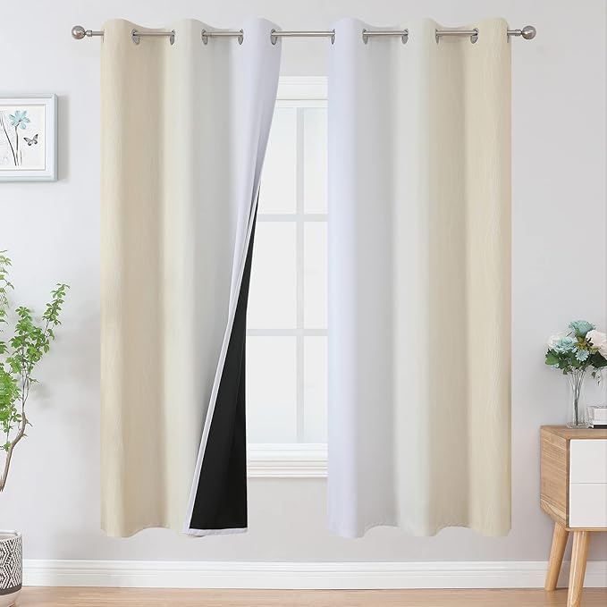 Estelar Textiler Full Room Darkening Blackout Curtains 72 Inch Length 2 Panels Set, Ombre Greyish White and Beige Thermal Insulated Full Light Blocking Grommet Blackout Drapes for Bedroom, 42Wx72L