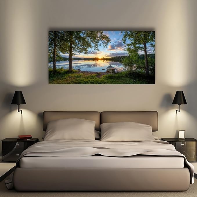 Tree Canvas Wall Art of a Sunrise Over a Forest Lake 28x57 inches Nature Inspired Painting Perfect for Wall Decoration in Living Room and Bedroom Trees and Landscape Picture Artwork Prints
