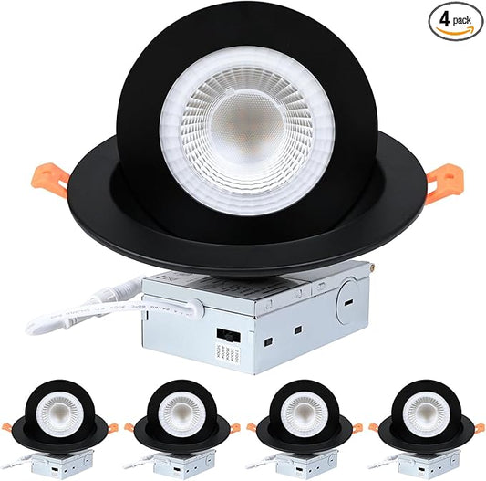 ZYC Gimbal LED Recessed Lighting - 6 Inch 5CCT 12W 360° Rotation Adjustable Eyeball Light,LED Swivel Spotlight,Directional Sloped Ceiling Light,Dimmable Canless Wafer Downlight Pack of 4 Black.