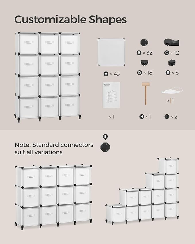 SONGMICS Cube Storage Organizer with Storage Boxes, Set of 12-Cube Organizer, 12 Collapsible Non-Woven Fabric Bins, Customizable, Space-Saving, Bedroom, Cloud White ULPC122W01