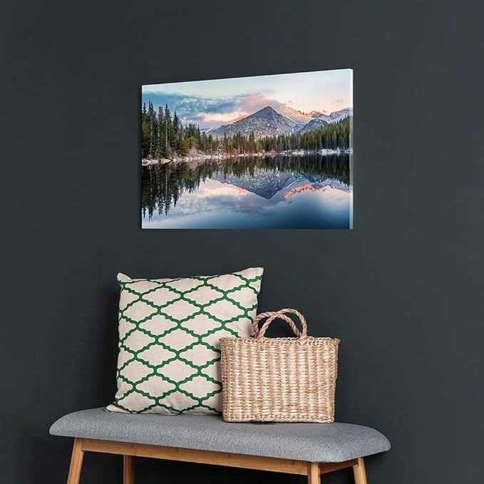 Lake Landscape Canvas Wall Art: Nature Mountain Sunset Artwork Woodland Water Scenery Painting for Bedroom