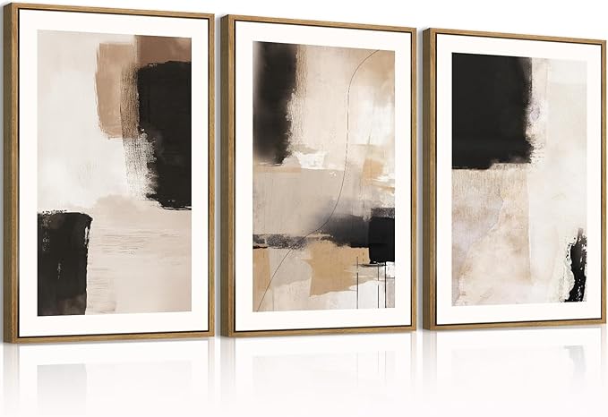 ANHUIB Neutral Abstract Wall Art Beige Modern Wall Decor 16x24 Inch Minimalist Black Paintings Set of 3 for Living Room Bedroom Dining Room