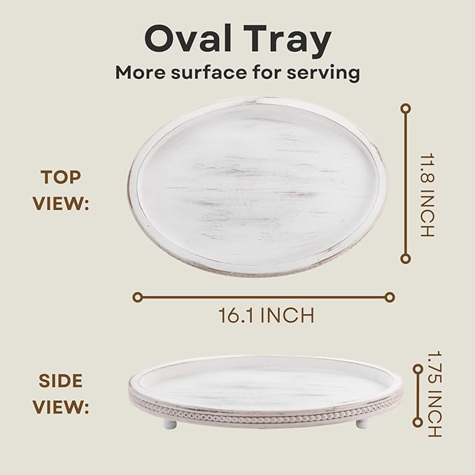 Wooden Tray,Oval Decorative Tray for Coffee Table Kitchen Dinning Table Entryway, Small Beaded Tray for Holidays, Farmhouse Centerpiece Decor Weathered White