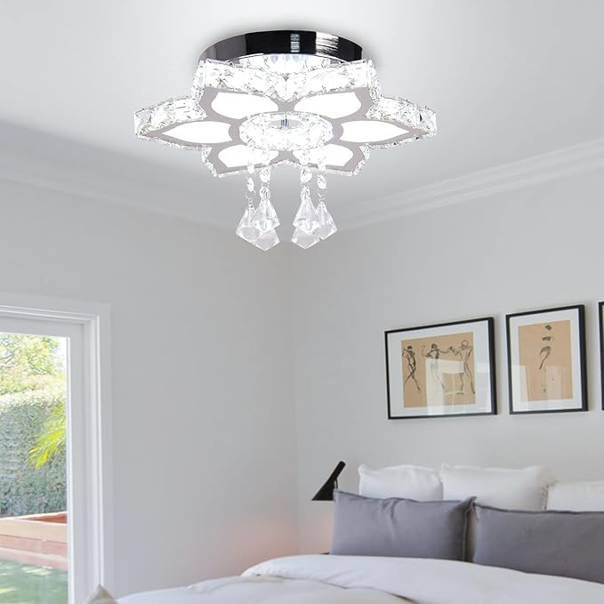 FRIXCHUR Crystal Chandelier Modern LED Flower Shape Chandeliers Ceiling Light Fixture Flush Mount Ceiling Lamp for Bedroom Living Room Dining Room Foyer(Cool White),13.4"