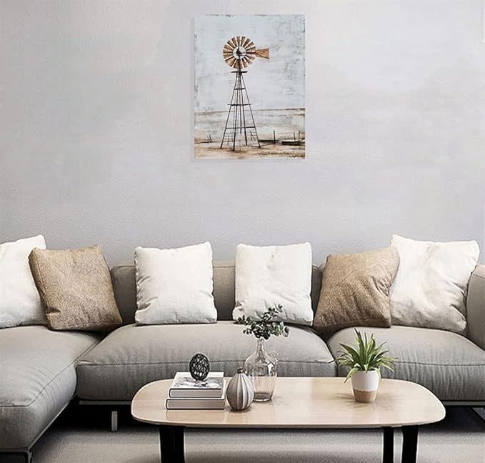 Yihui Arts Windmill Wall Decor Modern Rustic Canvas Wall Art Paintings with Textured Contemporary Abstract Artwork Pictures for Living Room Bedroom Farmhouse Home Decor