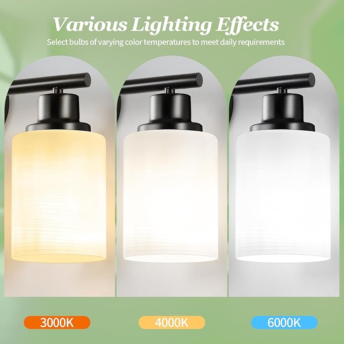 3-Light Black Bathroom Light Fixture with with Milky White Frosted Glass Shade, Matte Black Vantiy Lights for Bathoom Bedroom Living Room - E26 Base