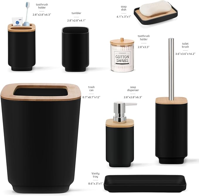 IMAVO Bathroom Accessories Set,Black Bathroom Set,11 Pieces Bathroom Accessory Set,Trash Can for Bathroom Accessories Décor and Housewarming Gifts