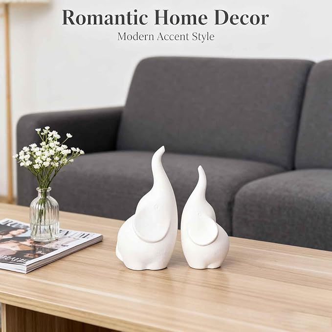 Ceramic Elephant Figurines with Trunk Up, Pair Couples Loving Elephant Statue, Small Figurines Sculpture African Home Decor, Valentine Elephants Gifts for Women, Wedding Knick Knacks(White)