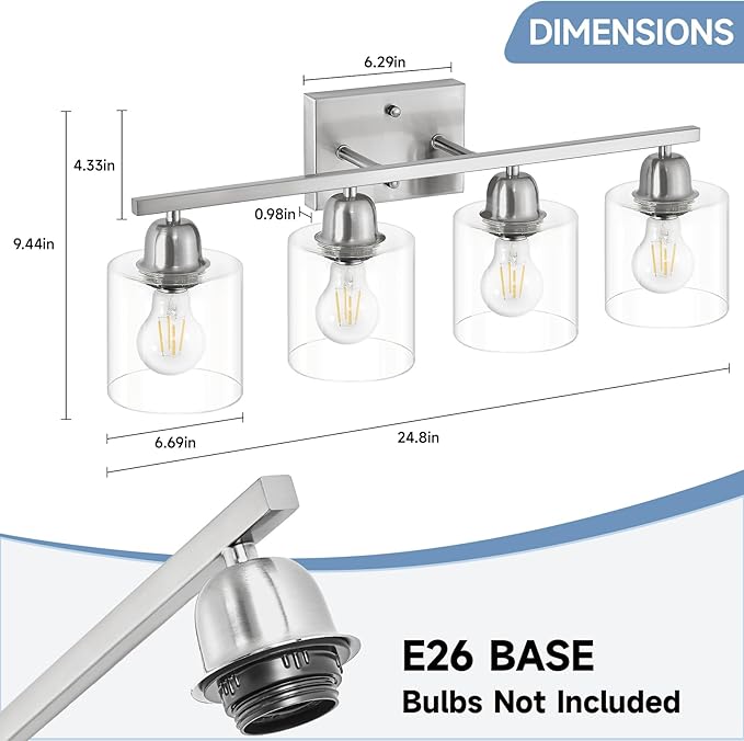 Brushed Nickel Vanity Lights for Bathroom, 4 Light Bathroom Vanity Light Over Mirror, Wall Lights with Clear Glass, E26 Socket